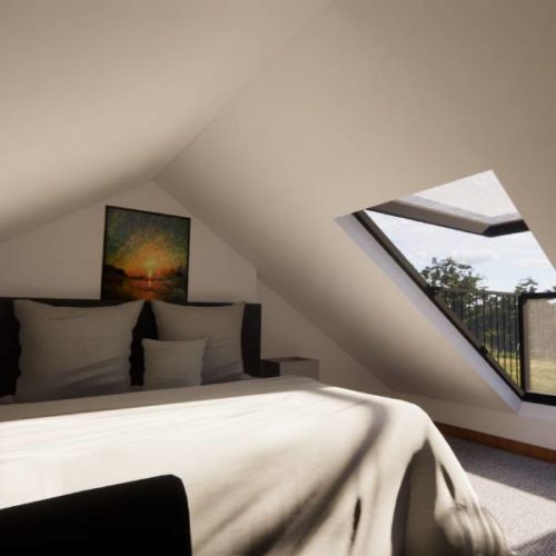 £D visualistaion of loft conversion with bed and open skylight